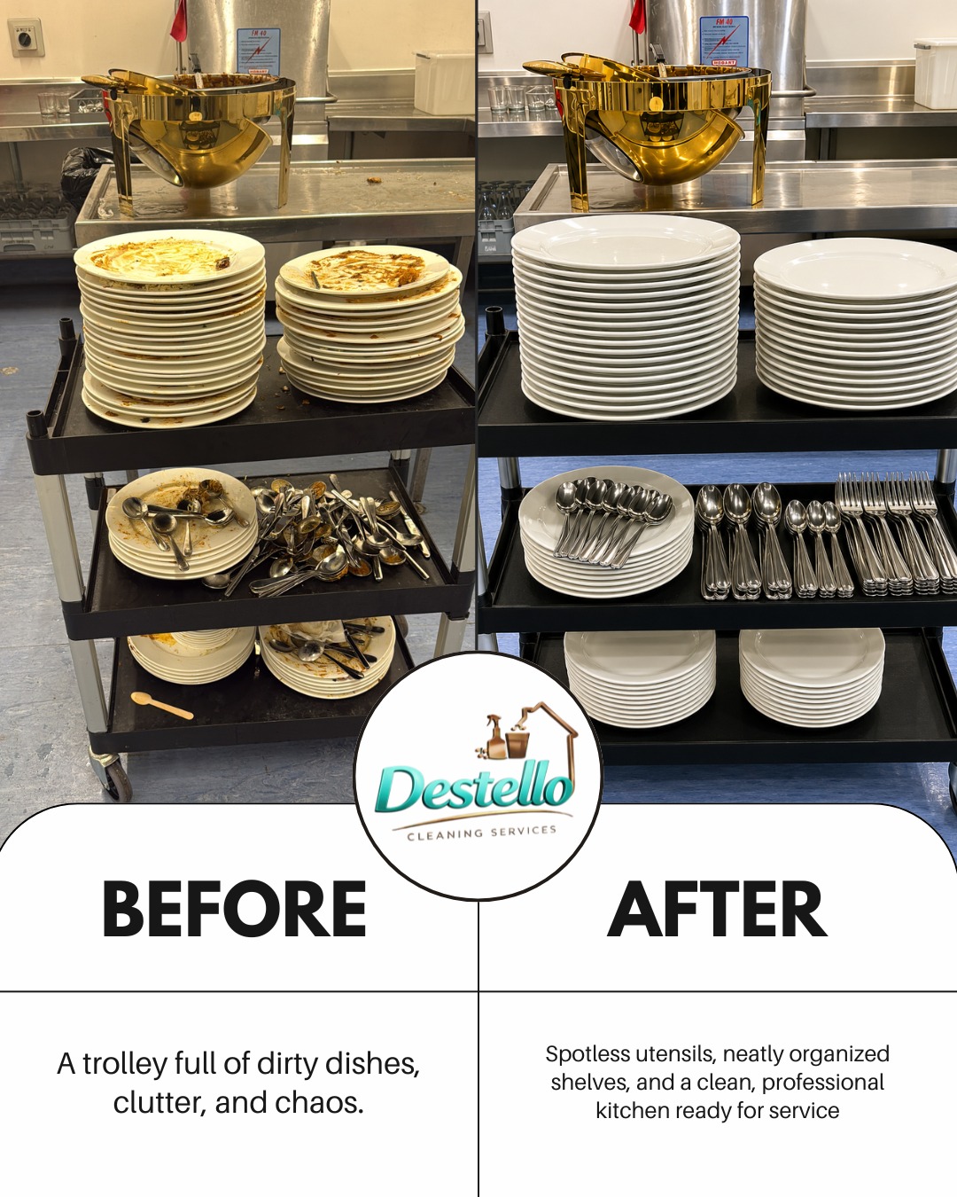 Destello before and after: a trolley of dirty dishes reset to spotless, organised shelves