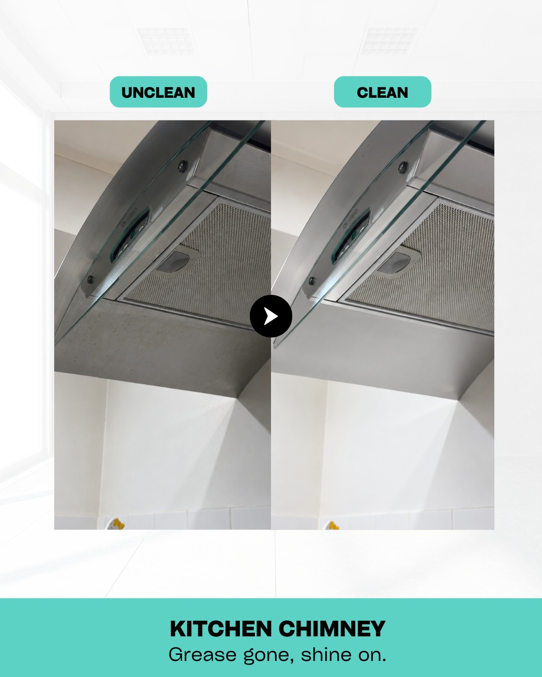 Destello before and after: kitchen chimney degreased, grease gone shine on